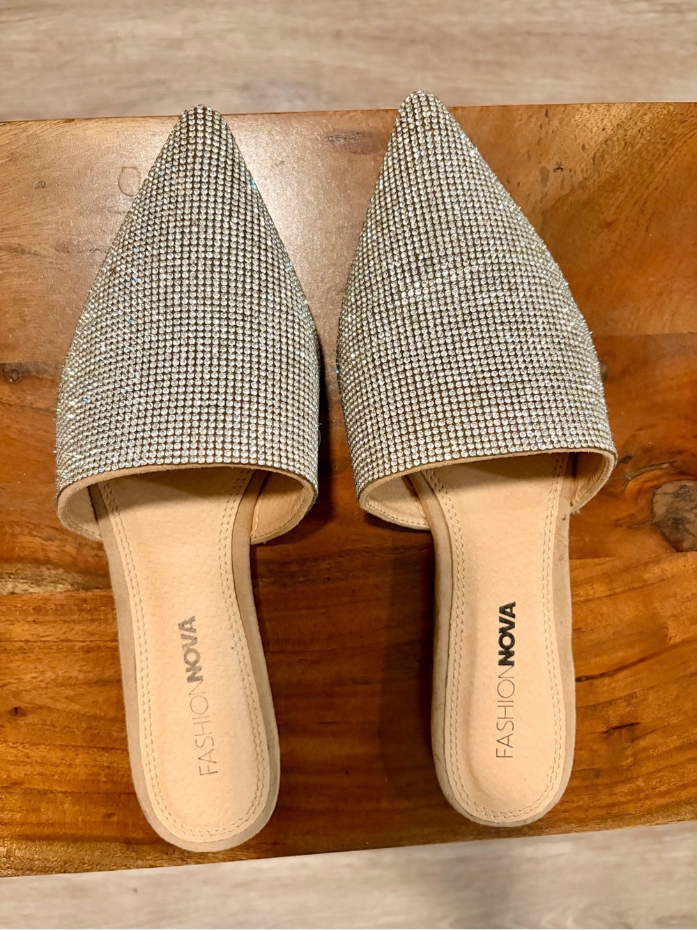 Fashion Nova Silver Crystal Pointed Slip-On Mules